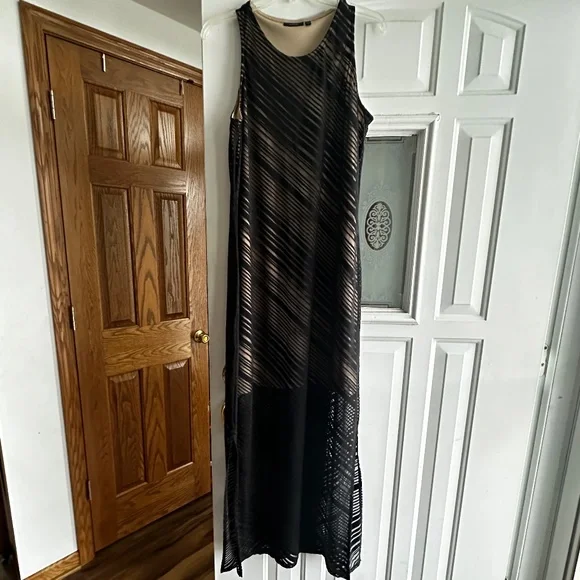 black sheer stripe dress Reiss Sheer Striped Bodycon Midi Dress in Black